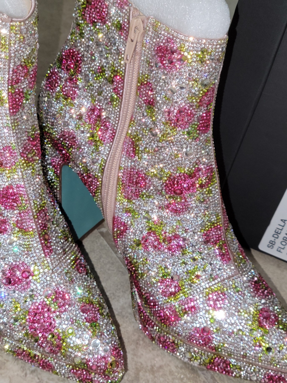 Betsey Johnson Pink Floral Crystal Ankle Boots with Turquoise Soles - Picture 6 of 6